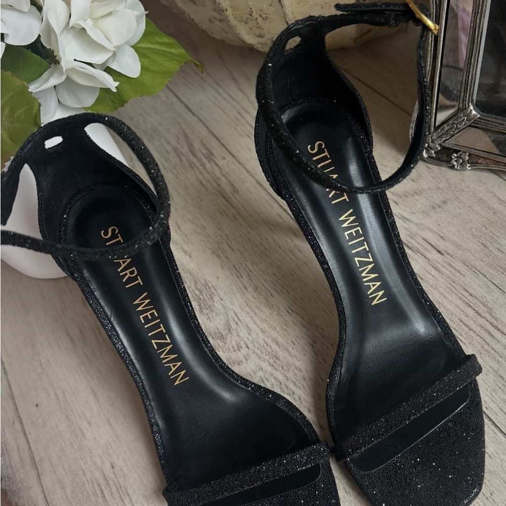 Stuart Weitzman Nudist  Black Crystal Glitter Heels Sz 37.5  worn 2 times $475